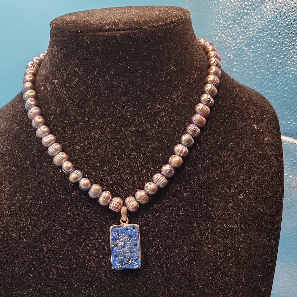 Blue and Silver Pearl Necklace with Pendant